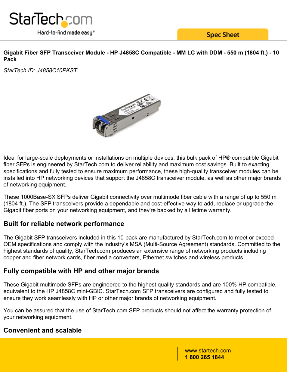 StarTech.com Gigabit Fiber SFP Transceiver Module - HP J4858C Compatible (Up to 1804', 10-Pack) User Manual | 4 pages