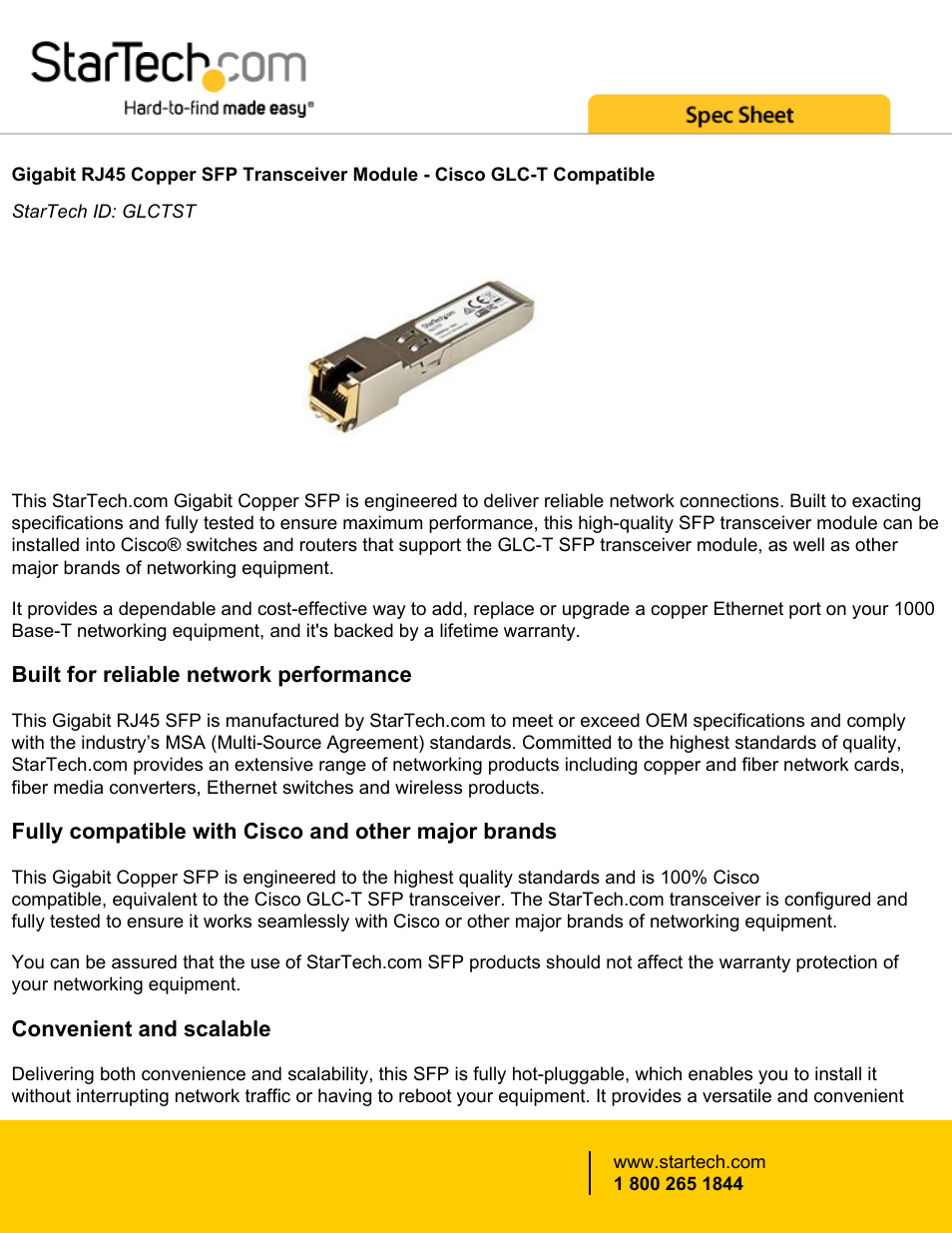 StarTech.com Gigabit RJ-45 Copper SFP Transceiver Module (Cisco GLC-T Compatible) User Manual | 4 pages