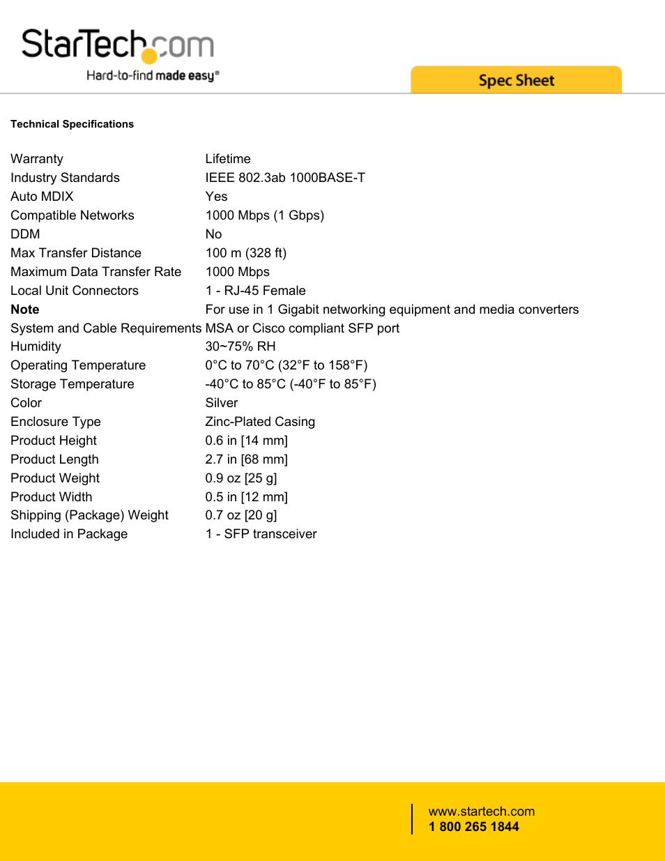 StarTech.com Gigabit RJ-45 Copper SFP Transceiver Module (Cisco GLC-T Compatible) User Manual | Page 3 / 4