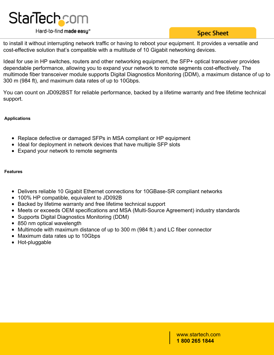 StarTech.com 10 Gigabit Fiber SFP+ MM LC with DDM Transceiver Module - HP JD092B Compatible (Up to 984') User Manual | Page 2 / 4