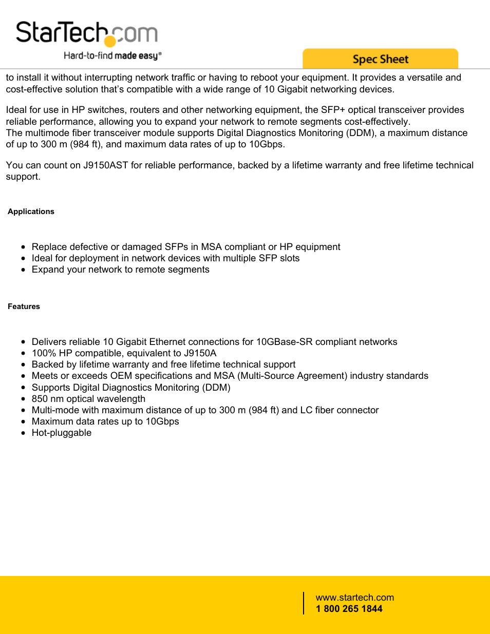 StarTech.com 10 Gigabit Fiber SFP+ MM LC with DDM Transceiver Module - HP J9150A Compatible (Up to 984') User Manual | Page 2 / 4