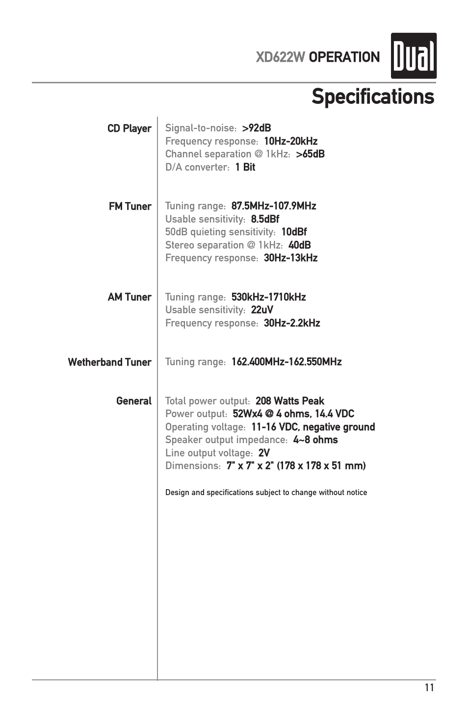Specifications, Xd622w operation | Dual XD622W User Manual | Page 11 / 12