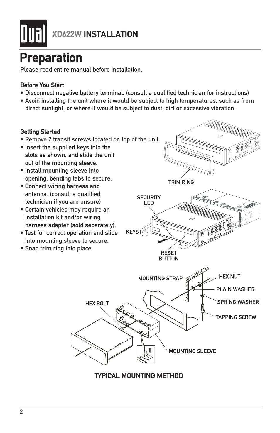 Preparation, Xd622w installation | Dual XD622W User Manual | Page 2 / 12