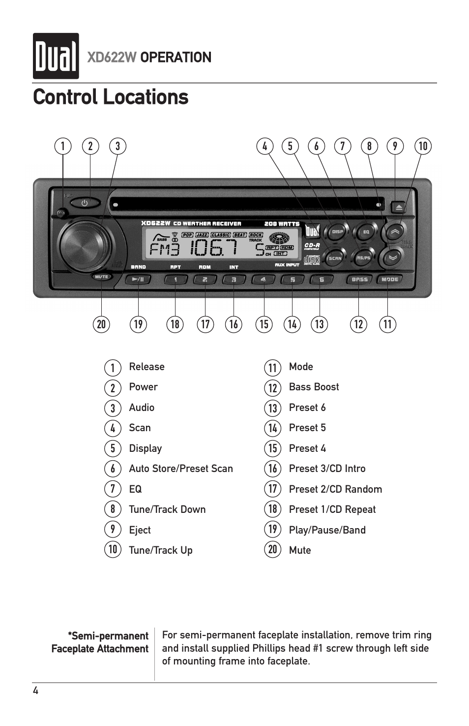 Control locations, Xd622w operation | Dual XD622W User Manual | Page 4 / 12