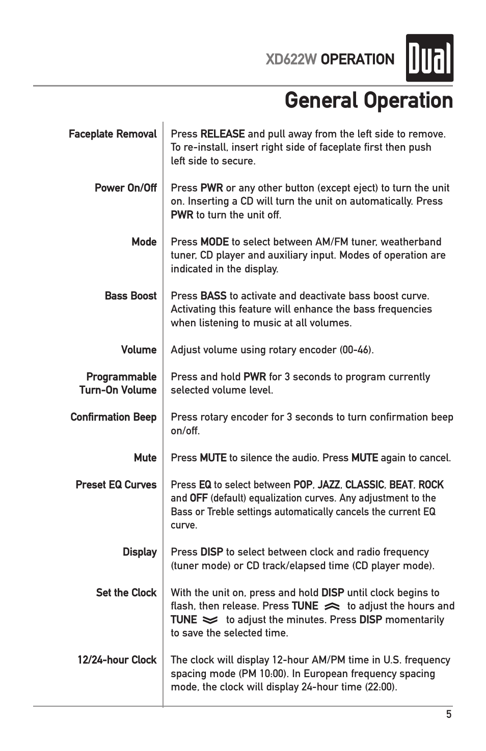 General operation, Xd622w operation | Dual XD622W User Manual | Page 5 / 12