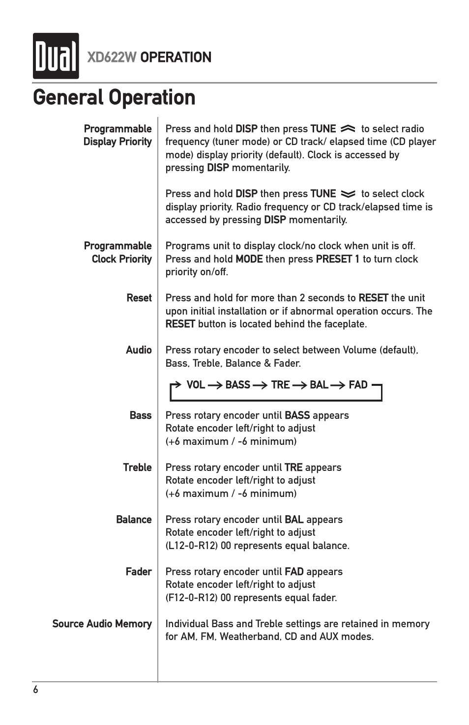 General operation, Xd622w operation | Dual XD622W User Manual | Page 6 / 12
