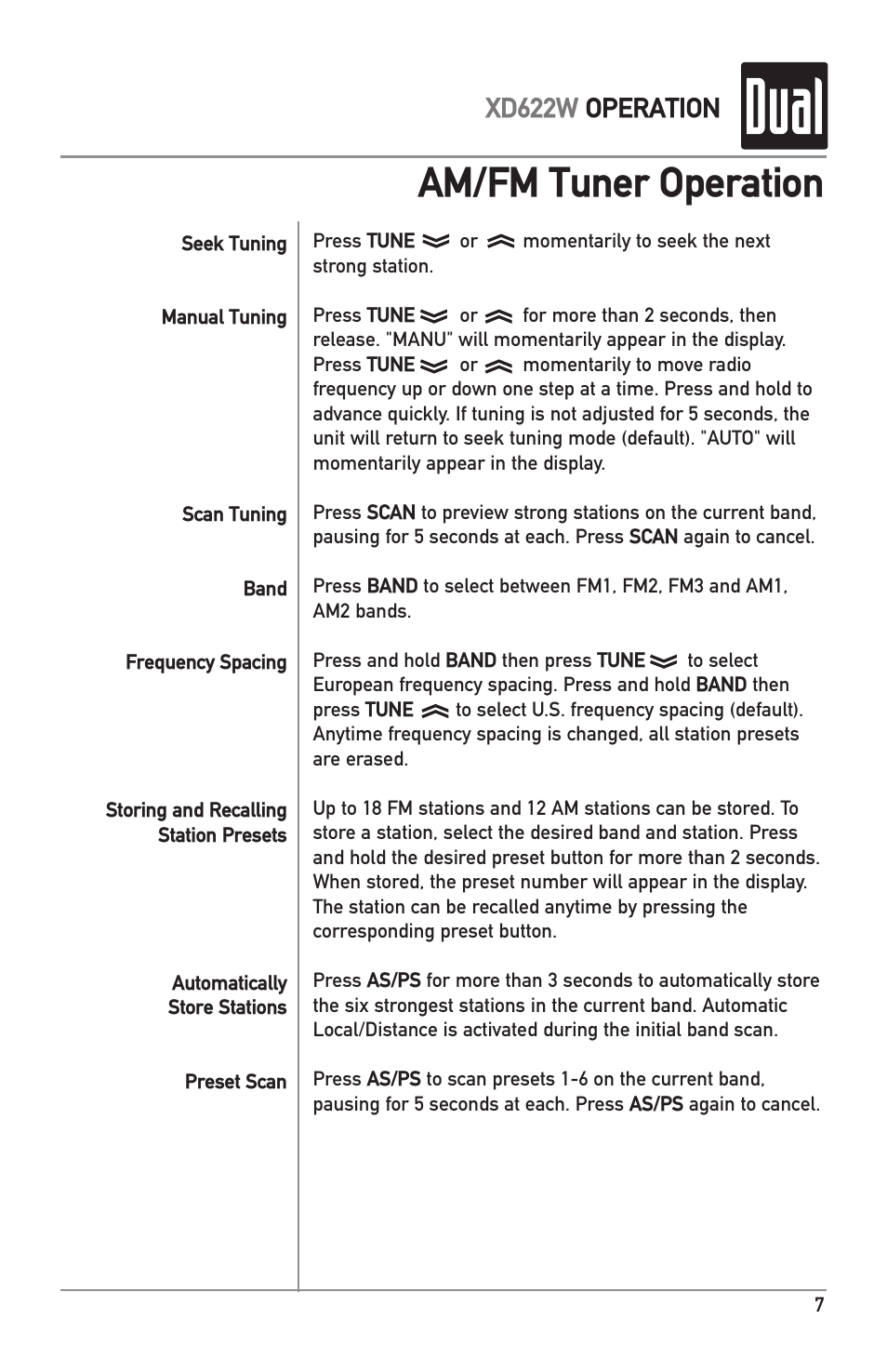 Am/fm tuner operation, Xd622w operation | Dual XD622W User Manual | Page 7 / 12