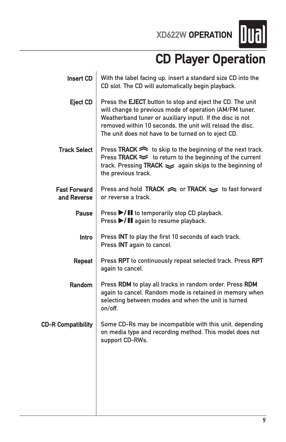 Cd player operation, Xd622w operation | Dual XD622W User Manual | Page 9 / 12