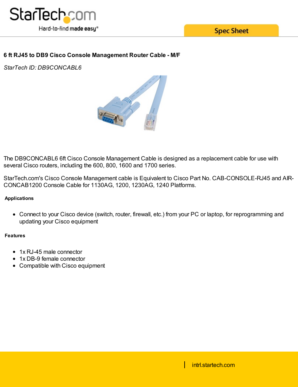 StarTech.com Ethernet Male to DB-9 Female Cisco Console Management Router Cable (6') User Manual | 2 pages