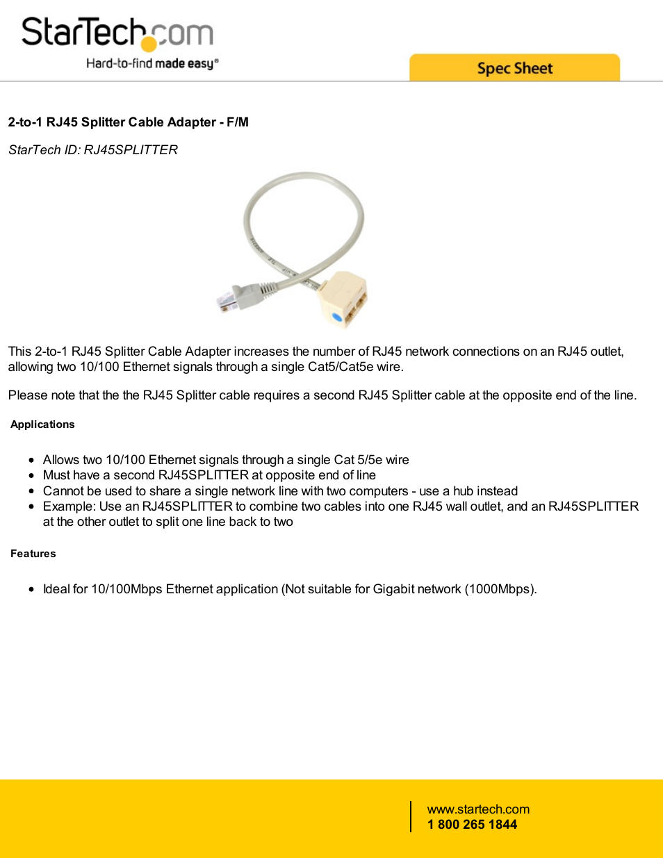 StarTech.com 2-to-1 RJ45 Splitter Adapter User Manual | 2 pages