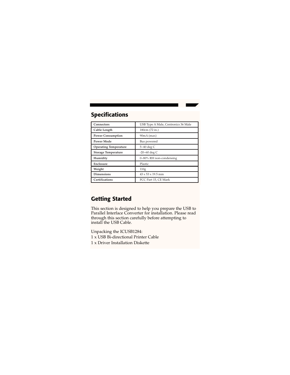 Specifications getting started | StarTech.com USB to Parallel Printer Adapter Cable (6.0') User Manual | Page 3 / 6