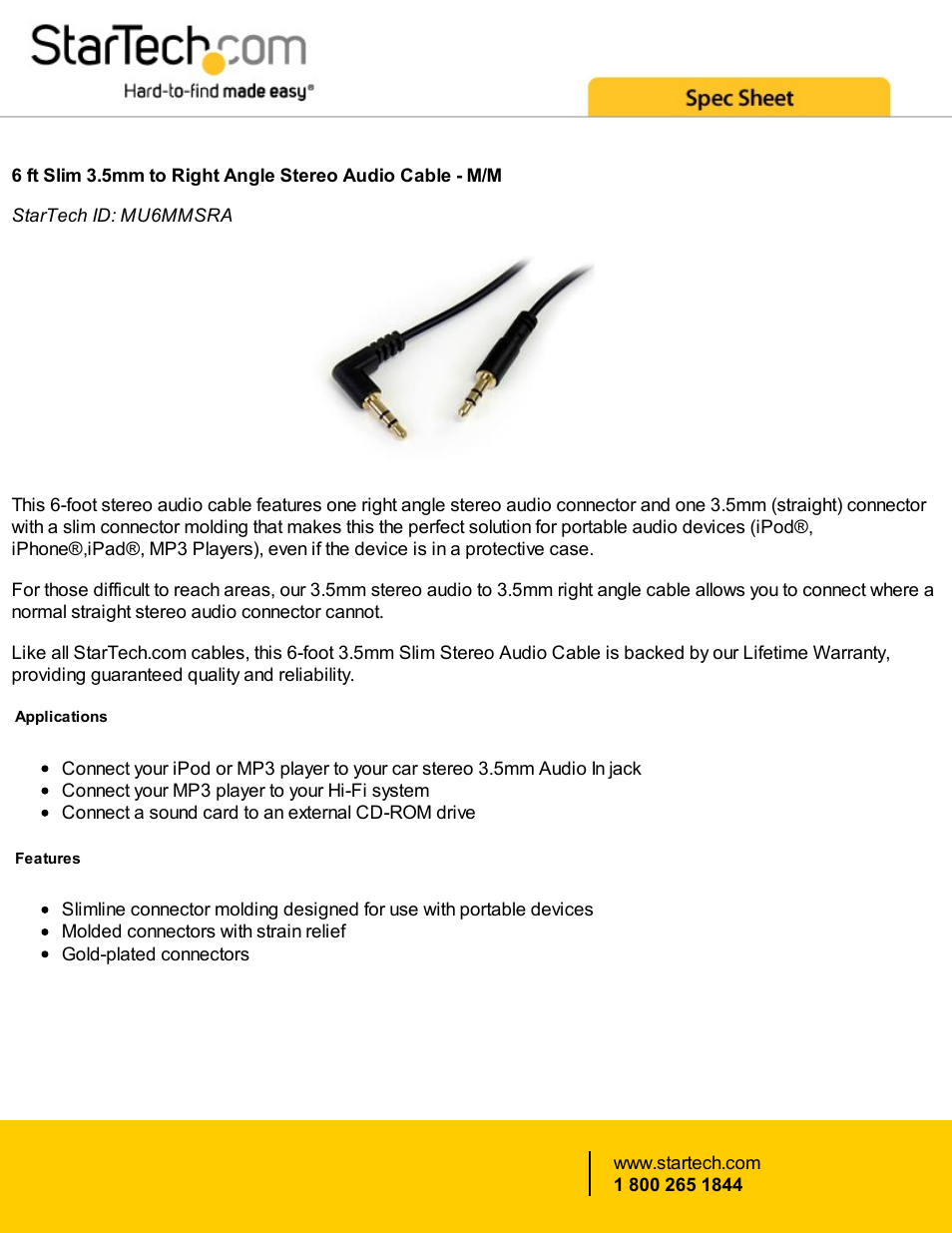 StarTech.com 3.5mm TRS Right-Angle Male to 3.5mm TRS Straight Male Cable (Black, 6') User Manual | 2 pages