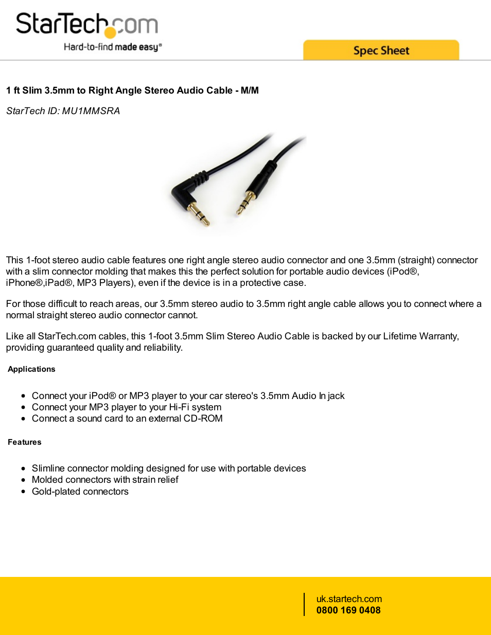 StarTech.com 3.5mm TRS Right-Angle Male to 3.5mm TRS Straight Male Cable (Black, 1') User Manual | 2 pages