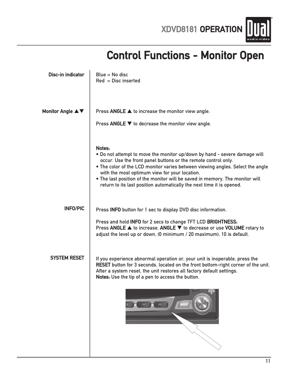 Control functions - monitor open, Xdvd8181 operation | Dual XDVD8181 User Manual | Page 11 / 52