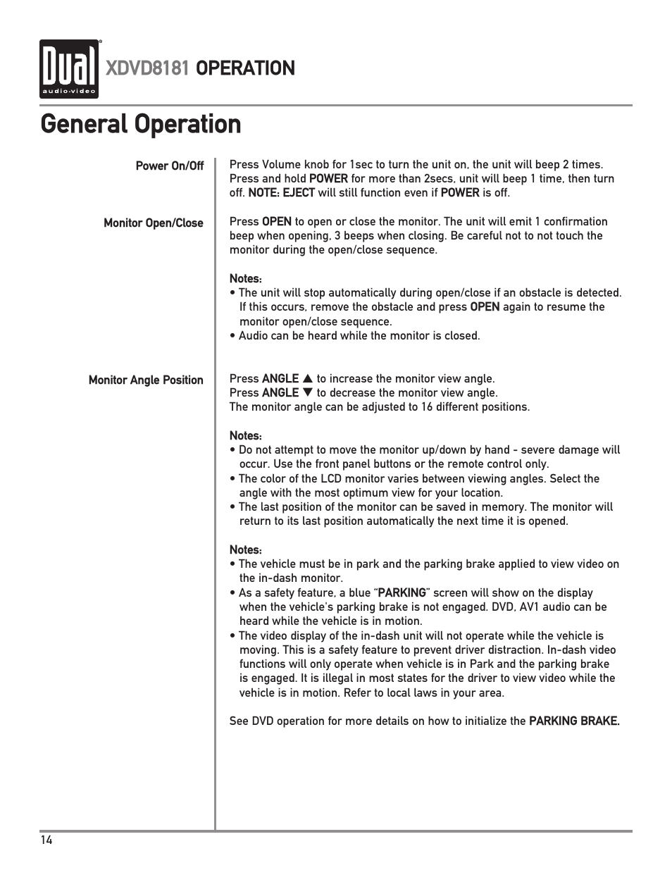 General operation, Xdvd8181 operation | Dual XDVD8181 User Manual | Page 14 / 52