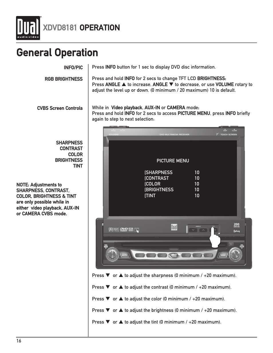 General operation, Xdvd8181 operation | Dual XDVD8181 User Manual | Page 16 / 52