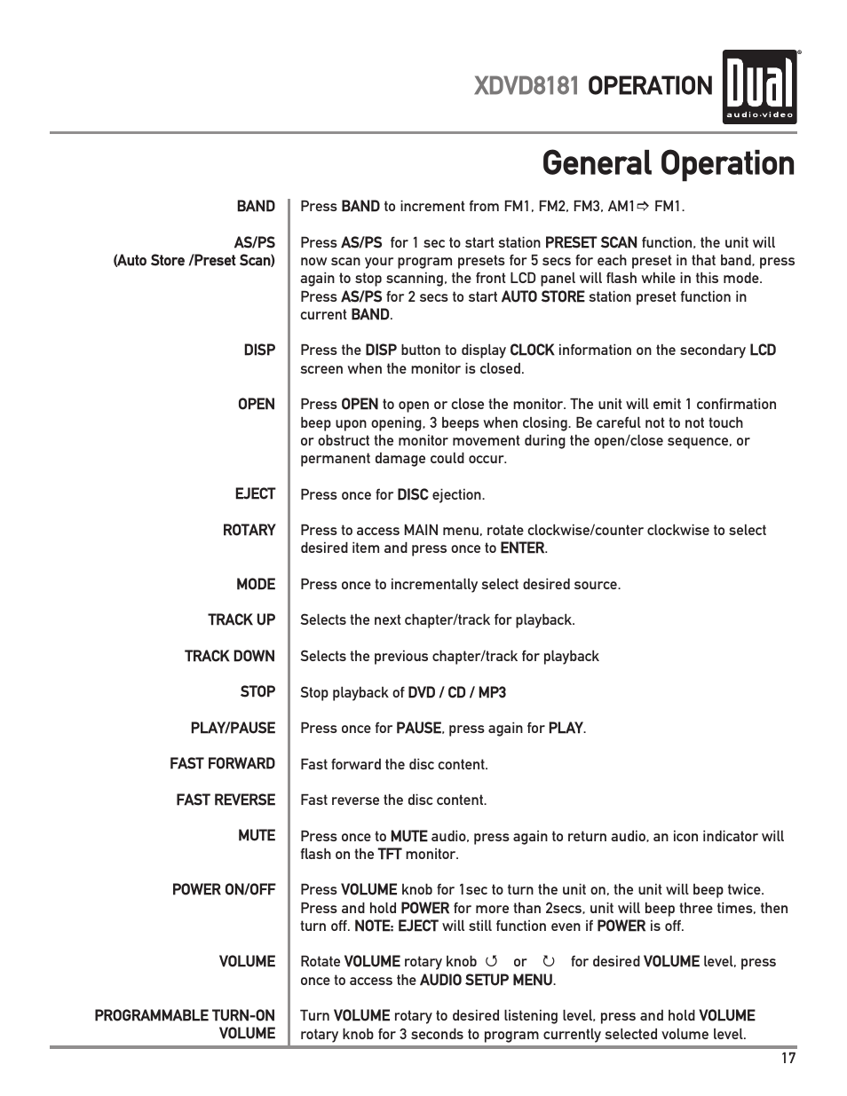 General operation, Xdvd8181 operation | Dual XDVD8181 User Manual | Page 17 / 52