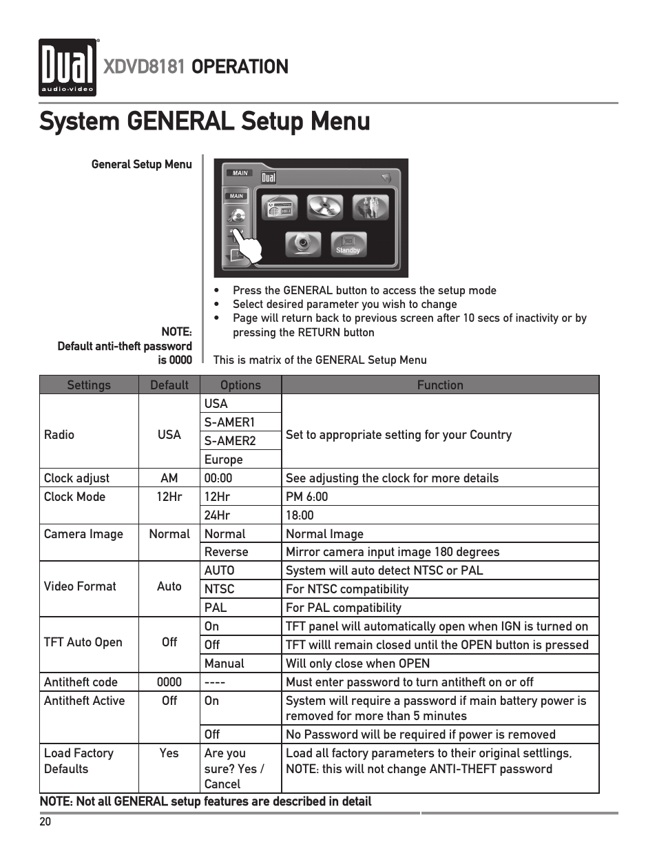 System general setup menu, Xdvd8181 operation | Dual XDVD8181 User Manual | Page 20 / 52