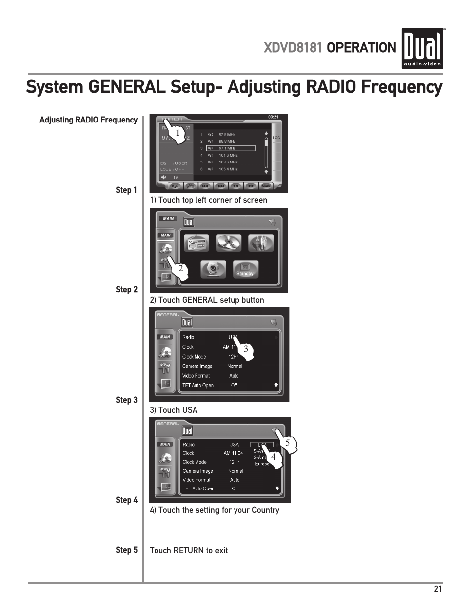 System general setup- adjusting radio frequency | Dual XDVD8181 User Manual | Page 21 / 52