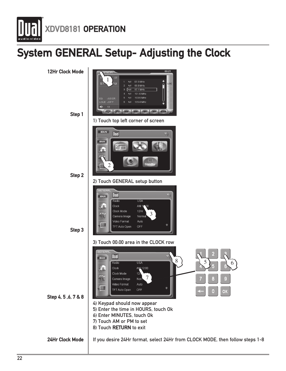 System general setup- adjusting the clock | Dual XDVD8181 User Manual | Page 22 / 52