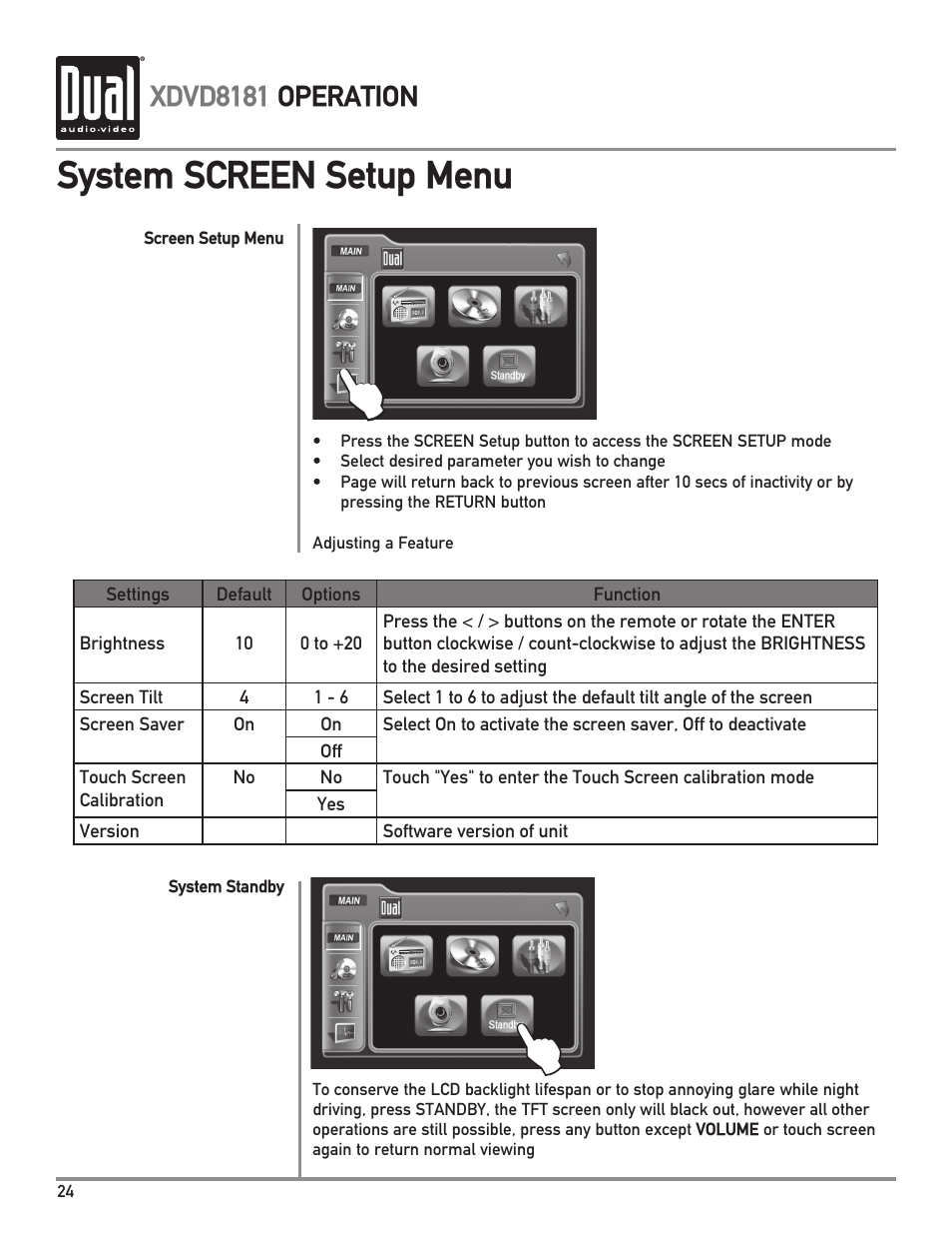 System screen setup menu, Xdvd8181 operation | Dual XDVD8181 User Manual | Page 24 / 52