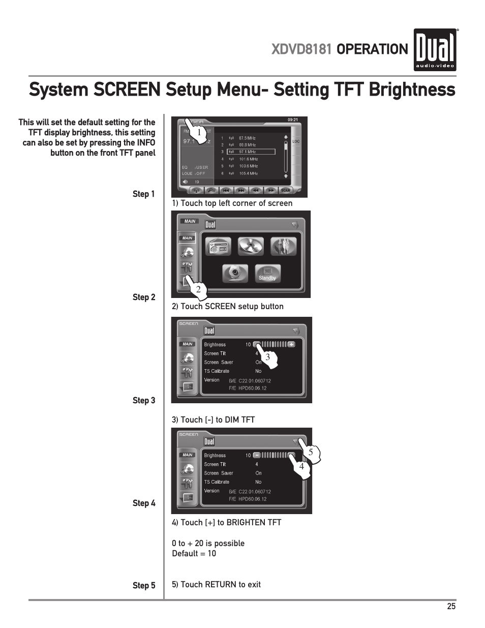 System screen setup menu- setting tft brightness | Dual XDVD8181 User Manual | Page 25 / 52