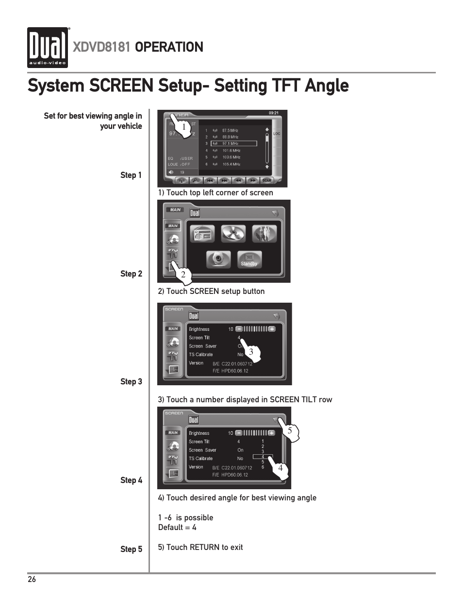 System screen setup- setting tft angle | Dual XDVD8181 User Manual | Page 26 / 52