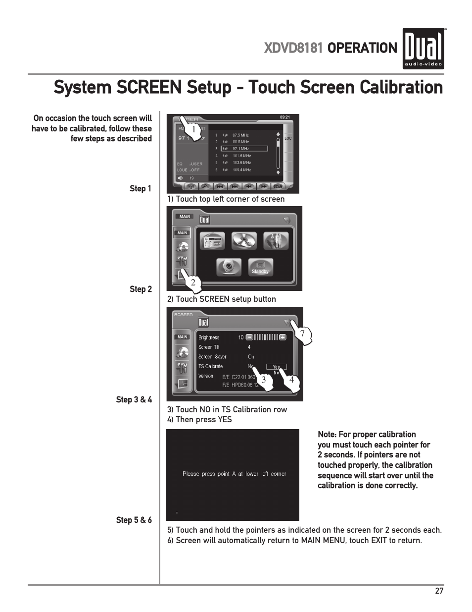 System screen setup - touch screen calibration | Dual XDVD8181 User Manual | Page 27 / 52