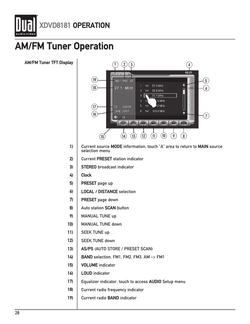 Am/fm tuner operation, Xdvd8181 operation | Dual XDVD8181 User Manual | Page 28 / 52