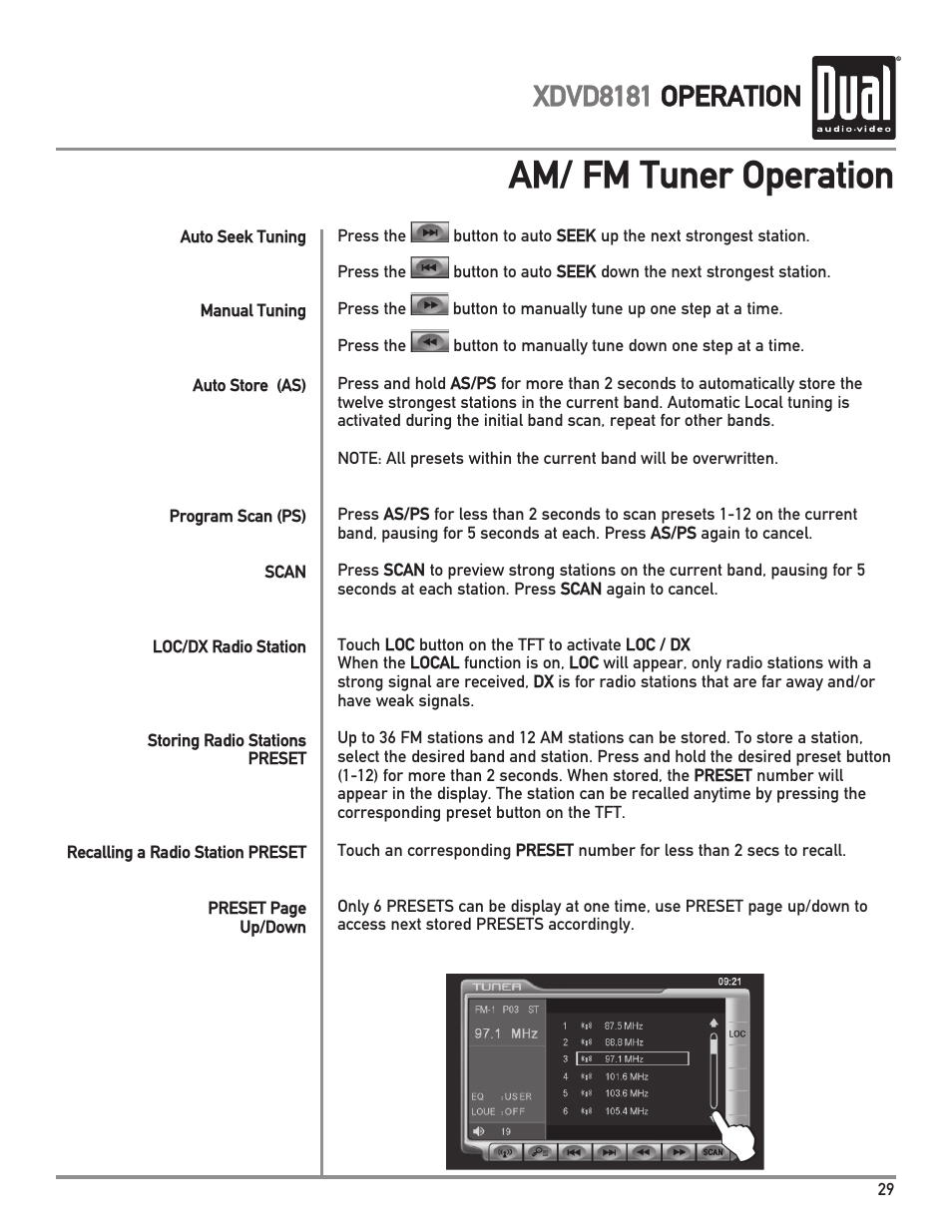 Am/ fm tuner operation, Xdvd8181 operation | Dual XDVD8181 User Manual | Page 29 / 52