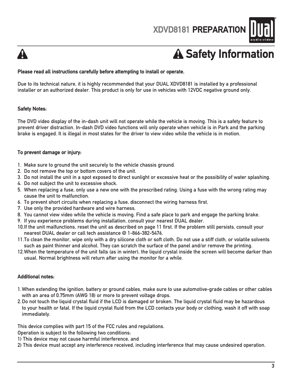 Safety information, Xdvd8181 preparation | Dual XDVD8181 User Manual | Page 3 / 52