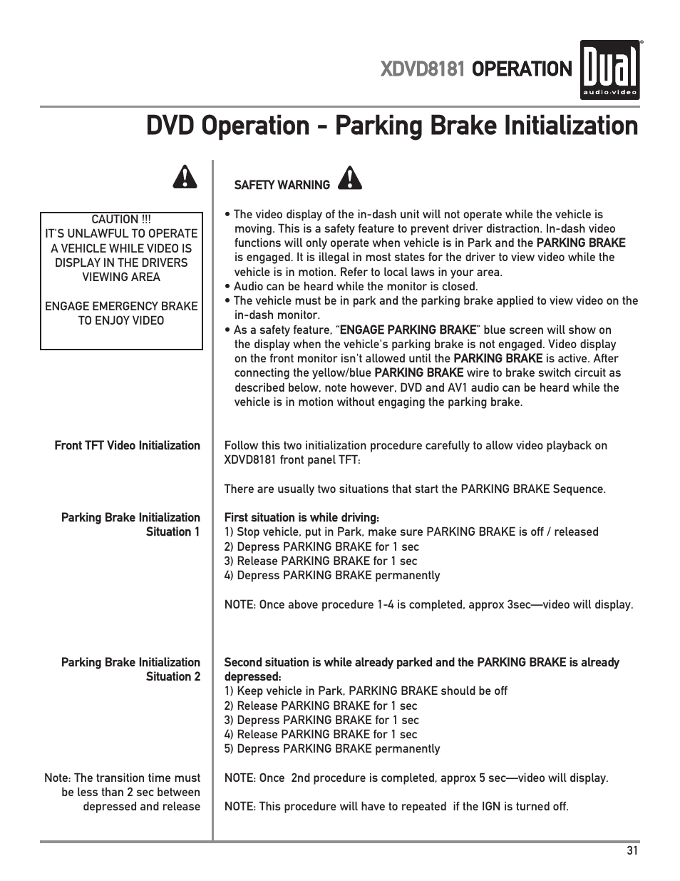 Dvd operation - parking brake initialization, Xdvd8181 operation | Dual XDVD8181 User Manual | Page 31 / 52