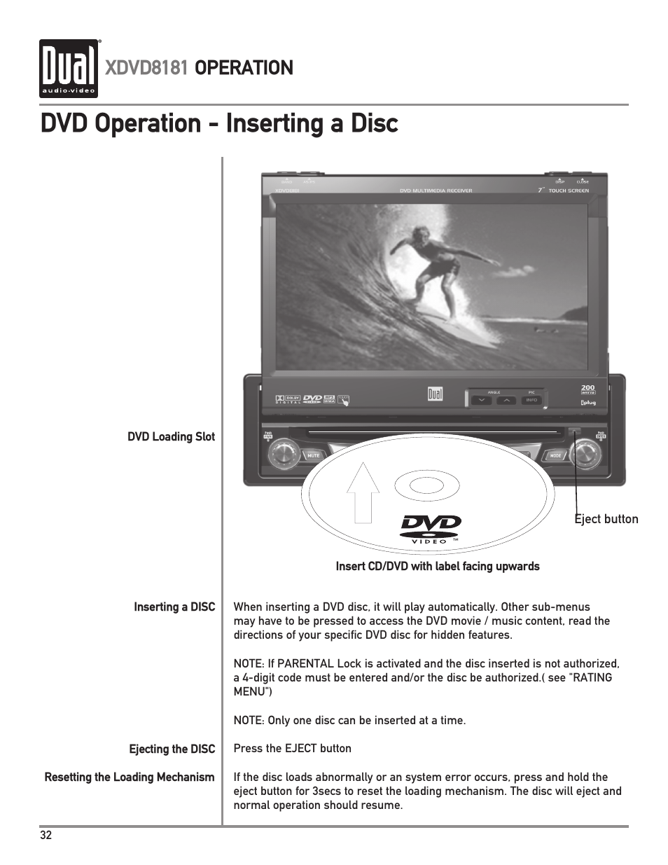 Dvd operation - inserting a disc, Xdvd8181 operation | Dual XDVD8181 User Manual | Page 32 / 52