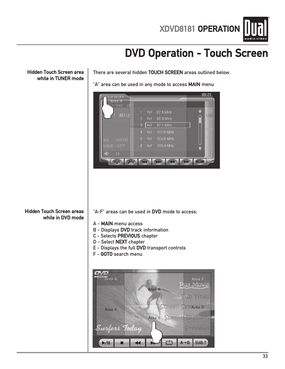 Dvd operation - touch screen | Dual XDVD8181 User Manual | Page 33 / 52