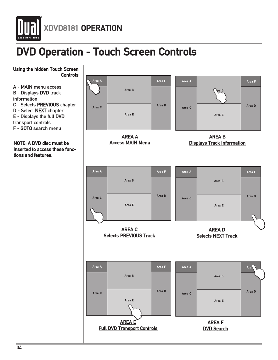 Dvd operation - touch screen controls | Dual XDVD8181 User Manual | Page 34 / 52