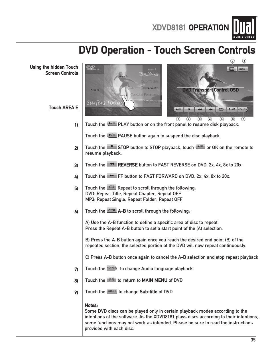 Dvd operation - touch screen controls, Xdvd8181 operation | Dual XDVD8181 User Manual | Page 35 / 52