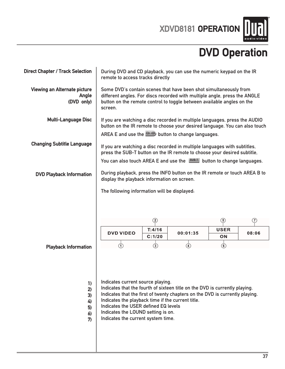 Dvd operation, Xdvd8181 operation | Dual XDVD8181 User Manual | Page 37 / 52