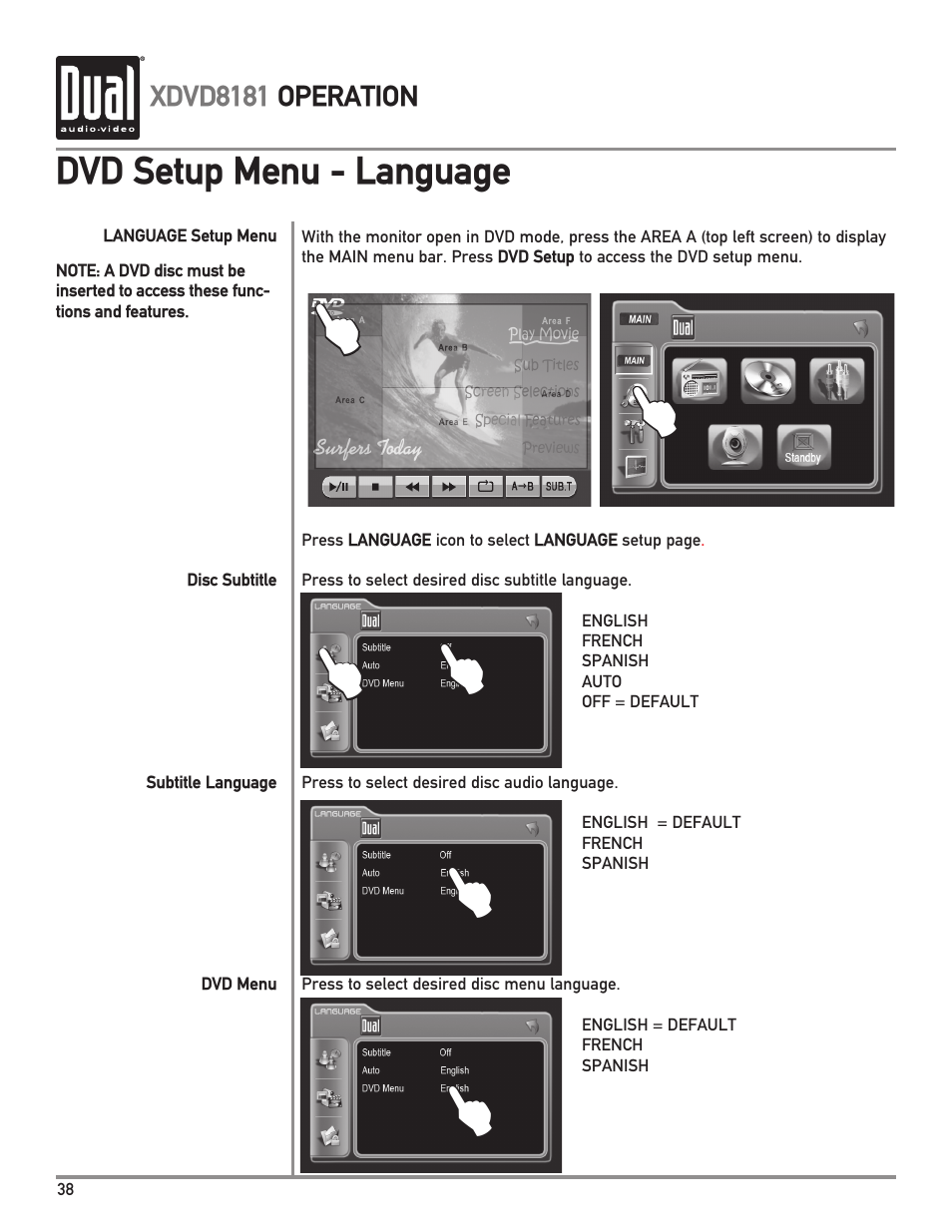 Dvd setup menu - language, Xdvd8181 operation | Dual XDVD8181 User Manual | Page 38 / 52