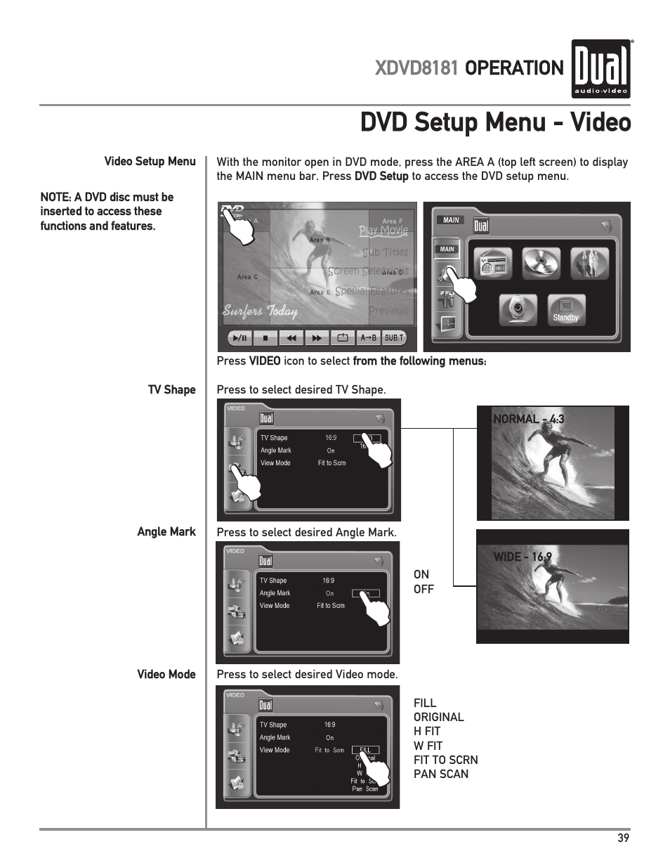 Dvd setup menu - video, Xdvd8181 operation | Dual XDVD8181 User Manual | Page 39 / 52