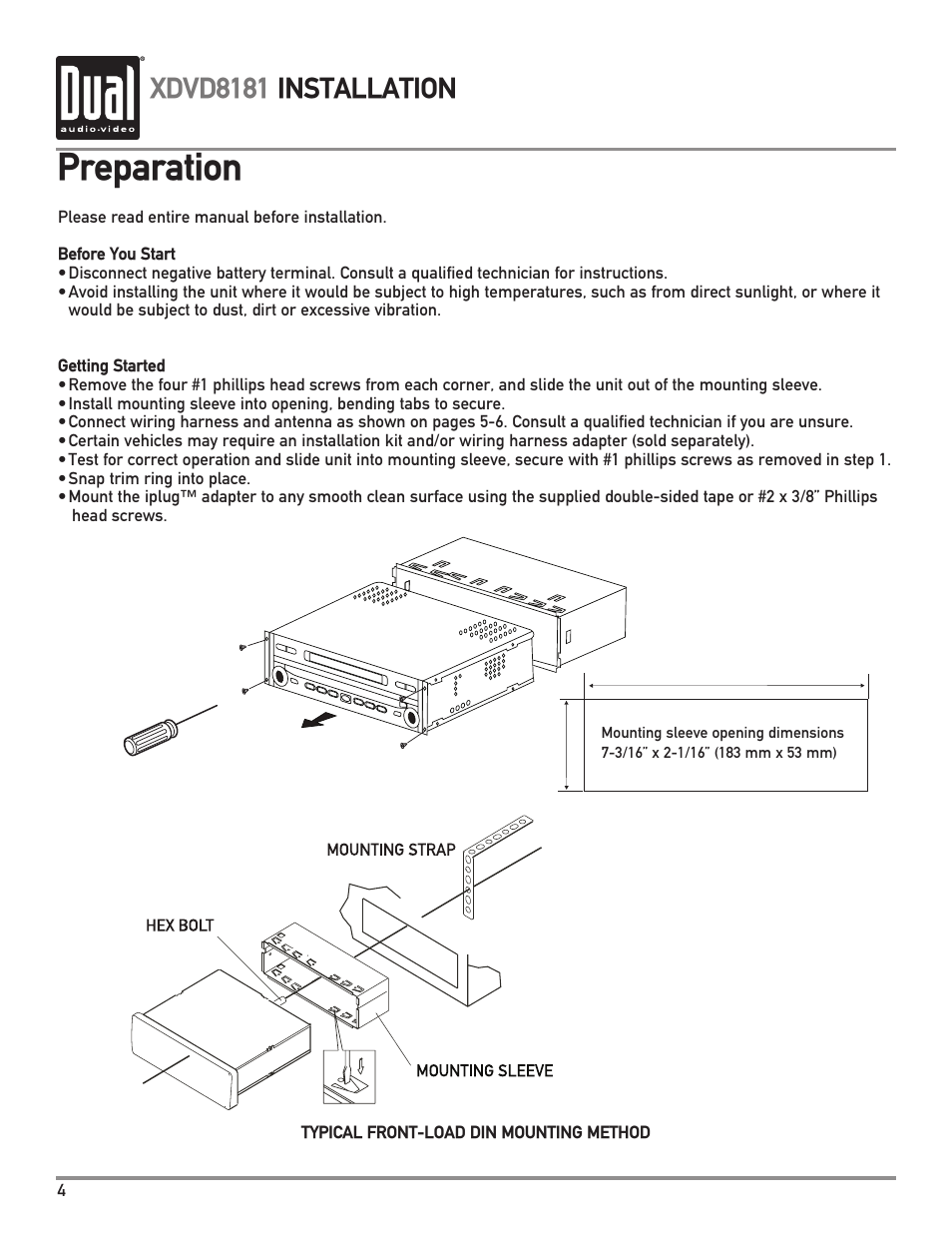 Preparation, Xdvd8181 installation | Dual XDVD8181 User Manual | Page 4 / 52