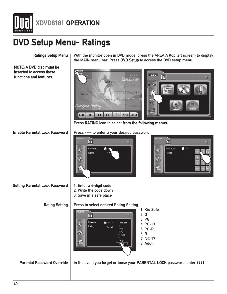 Dvd setup menu- ratings, Xdvd8181 operation | Dual XDVD8181 User Manual | Page 40 / 52