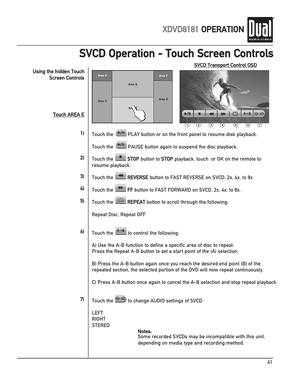 Svcd operation - touch screen controls, Xdvd8181 operation | Dual XDVD8181 User Manual | Page 41 / 52