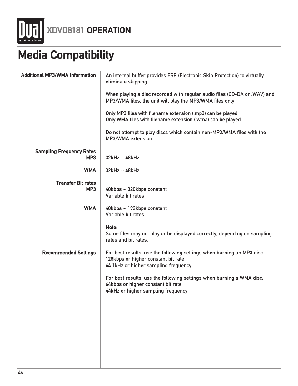 Media compatibility, Xdvd8181 operation | Dual XDVD8181 User Manual | Page 46 / 52