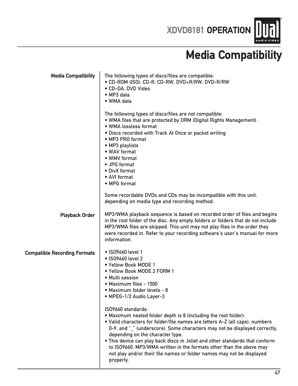 Media compatibility, Xdvd8181 operation | Dual XDVD8181 User Manual | Page 47 / 52