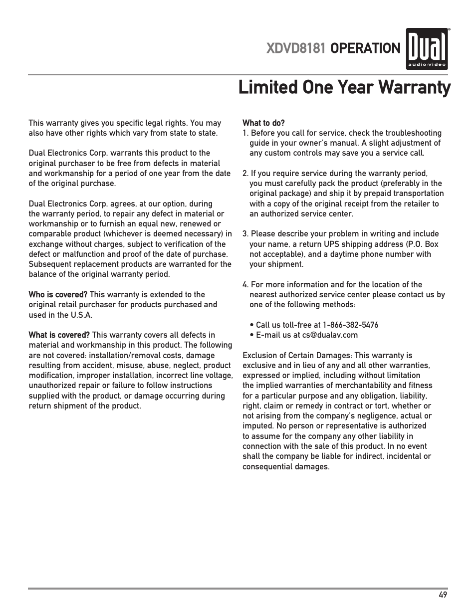 Limited one year warranty, Xdvd8181 operation | Dual XDVD8181 User Manual | Page 49 / 52