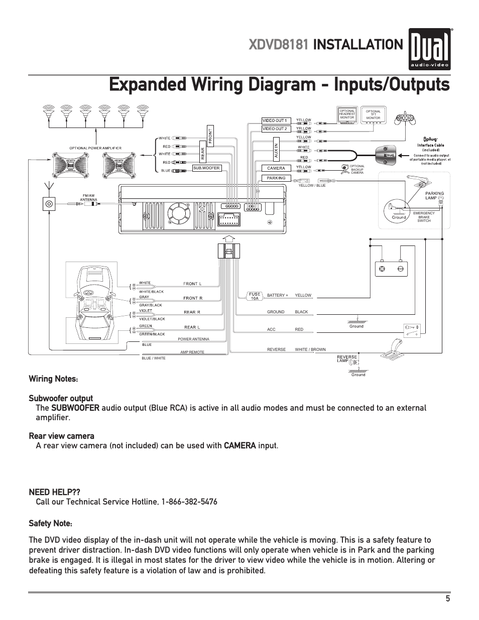 Expanded wiring diagram - inputs/outputs, Xdvd8181 installation | Dual XDVD8181 User Manual | Page 5 / 52