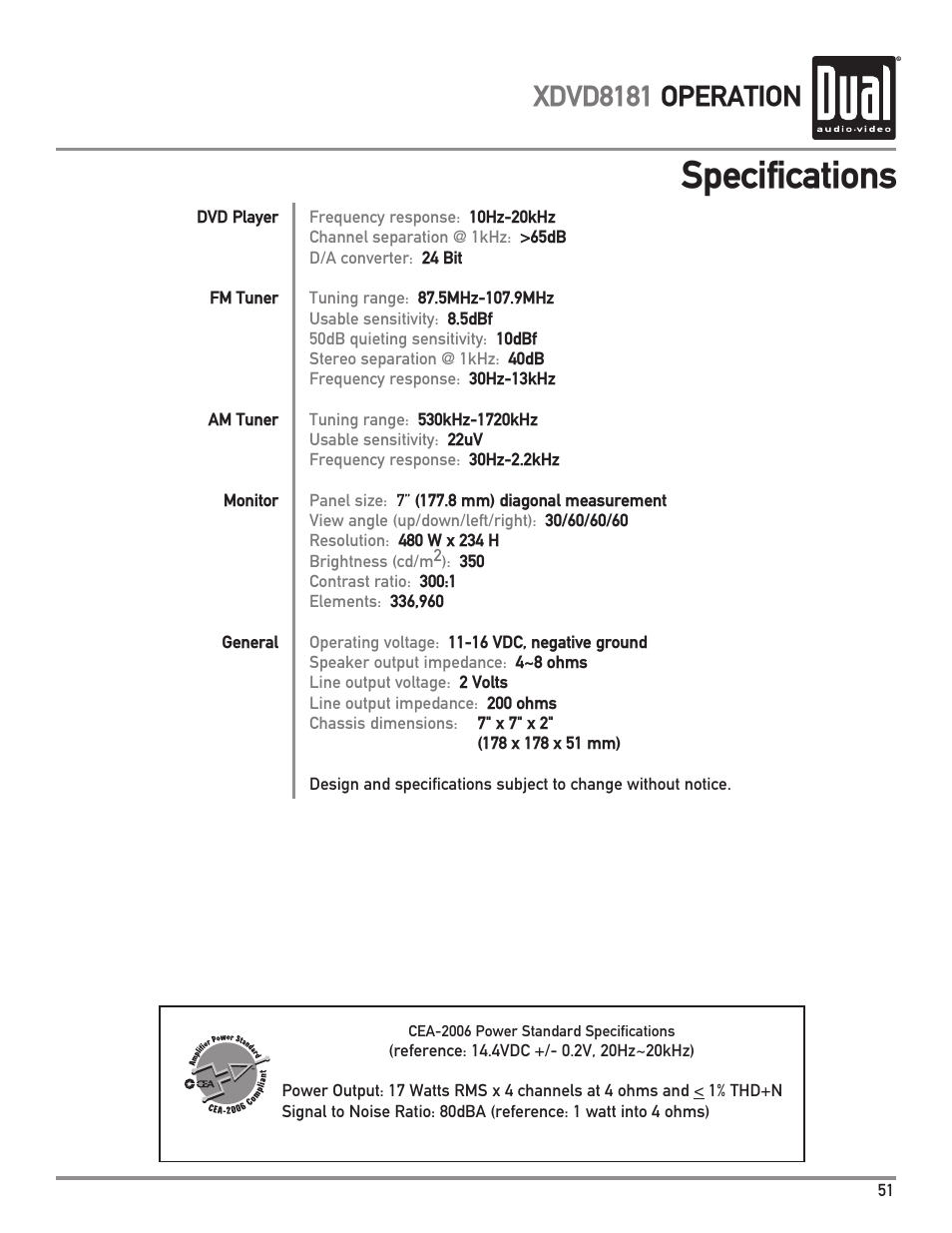 Specifications, Xdvd8181 operation | Dual XDVD8181 User Manual | Page 51 / 52