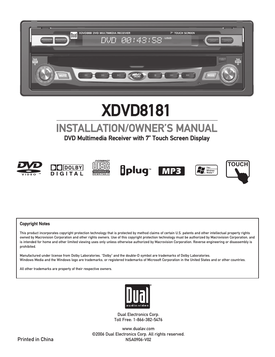 Xdvd8181, Installation/owner’s manual | Dual XDVD8181 User Manual | Page 52 / 52