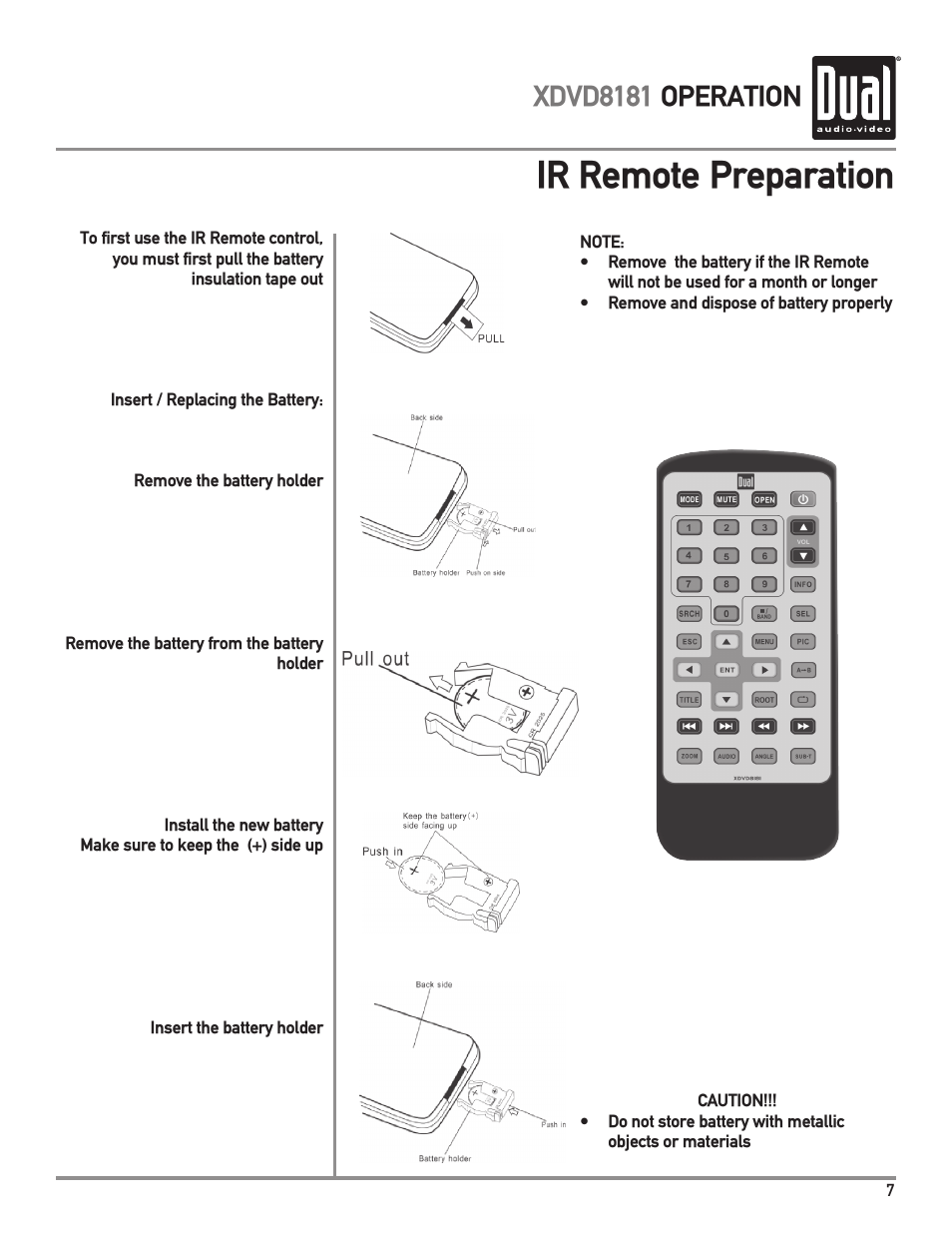 Ir remote preparation, Xdvd8181 operation | Dual XDVD8181 User Manual | Page 7 / 52