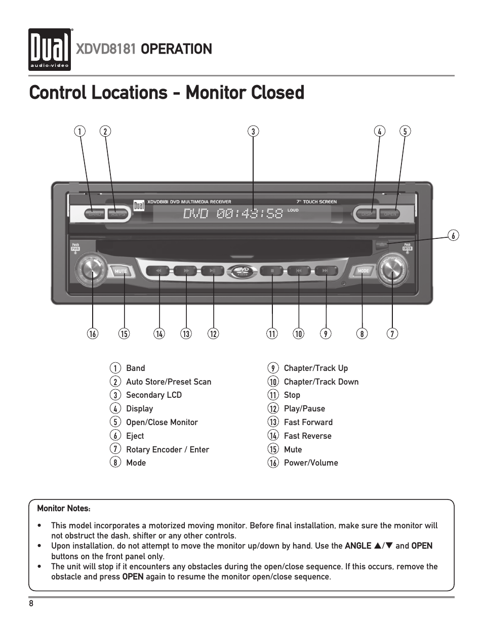 Control locations - monitor closed, Xdvd8181 operation | Dual XDVD8181 User Manual | Page 8 / 52